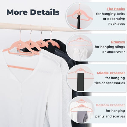 Pink Velvet Hangers 50 Pack, Felt Covered Non Slip Fabric with Stackable Cascading Hook, Ultra Thin and Space Saving with 360° Swivel Neck, 15Lbs Capacity for Clothes, Suit, Shirt, Coat