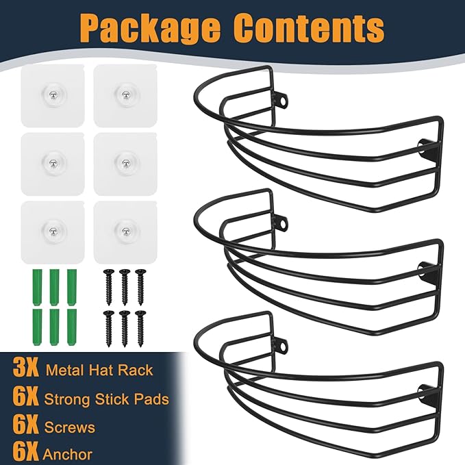 SIBAO [3-Pack] Hat Rack for Wall and Door, Metal Hat Organizer for Baseball Caps, Hat Storage Cap Holder Up to 30 Hat Hangers for Closet Cap Rack for Bedroom Entryway (Black 3-Pack)