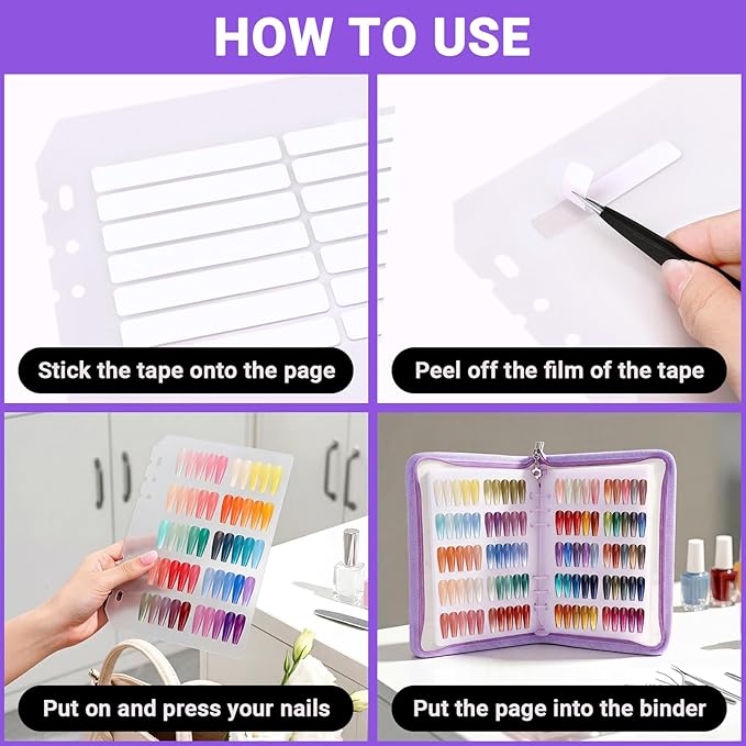 Segbeauty Nail Swatches Polish Display with Zipper, Nail Color Display Book Sample, Nails Polish Organizer A5 Binder with 240 False Tips, Gel Fake Press On Nails Art Salon Supplies Holder Purple