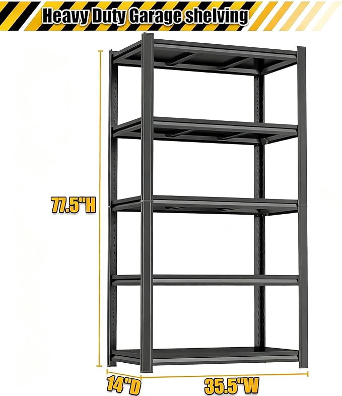 Heavy Duty Metal Garage Shelving Unit, 5 - Tier Adjustable Storage Shelves, 3000LBS Load Capacity Utility Shelf, Ideal for Garage, Basement, Warehouse, Pantry, Tool Organization, 35.5"W, Black