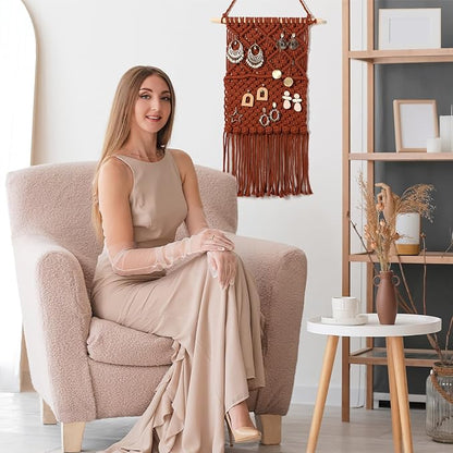 Macrame Jewelry Holder Rustic Boho Earring Organizer Display Crochet Weave Tapestry Wall Hanging Earring Holder Minimalist Vintage Decor Tassel for Women Girls Gift Bedroom Living Room Decor