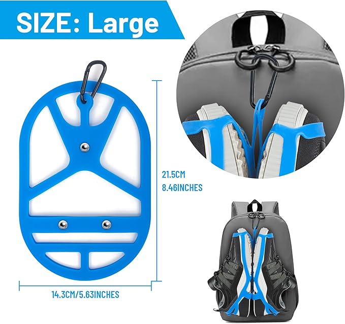 2 Pack Shoe Holster for Backpack with Clip Hanger, Shoe Holder for Sneakers, Cleats, for Travel, Outdoors, Sports (Large, Blue)