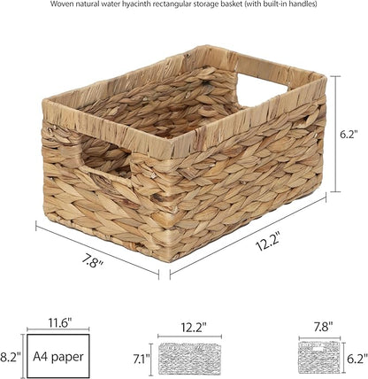 Woven Natural Water hyacinth basket Rectangular organizer basket with Handle for Desktop, Bathroom, Entryway,Kingwillow.(Small)