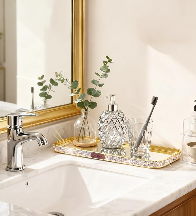 Bathroom Gold Tray Jewelry Perfume Makeup Organizer Decorative Tray for Vanity, Dresser, Bathroom, Bedroom Entrance Hall, Living Room(11.8IN Colorful)