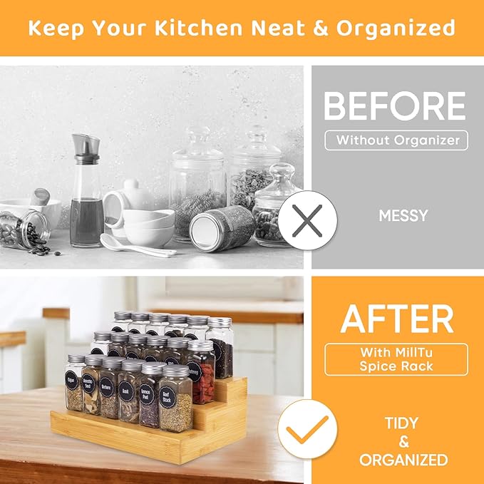 Bamboo Spice Rack Organizer for Cabinet 2 Pack - 3 Tier Countertop Step Shelf, Seasoning Storage Stand for Kitchen Pantry, Spice Holder for Jars Bottles Cans (Natural)