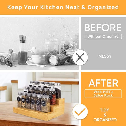 Bamboo Spice Rack Organizer for Cabinet 2 Pack - 3 Tier Countertop Step Shelf, Seasoning Storage Stand for Kitchen Pantry, Spice Holder for Jars Bottles Cans (Natural)