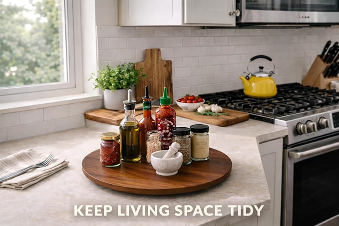 21" Acacia Wood Turntable Organizer | Lazy Susan for Table Top, Cabinet or Pantry | Wooden Rotating Tray for Kitchen Countertop, Durable, Easy to Clean, No Assembly Needed