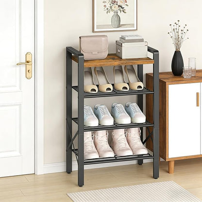 YATINEY 4-Tier Narrow Shoe Rack, Tall Shoe Rack for 4-8 Pairs, Slim Shoe Storage Organizer with Wooden Top, Space Saving, Metal Frame, for Entryway, Rustic Brown and Black SS64BR