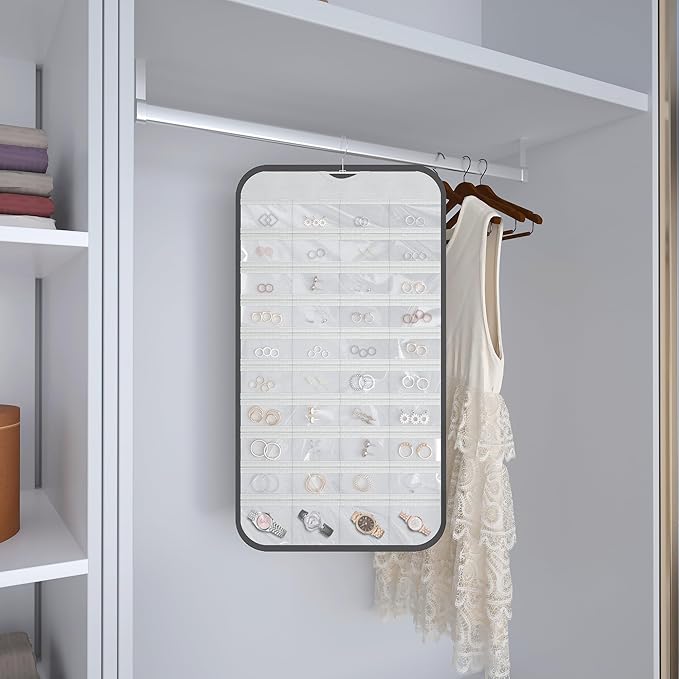 Hanging Jewelry Organizer Storage, 40 Pockets 36 Hooks Necklace Earring Bracelet Ring Organizer, Double - Sided Design, Black and White