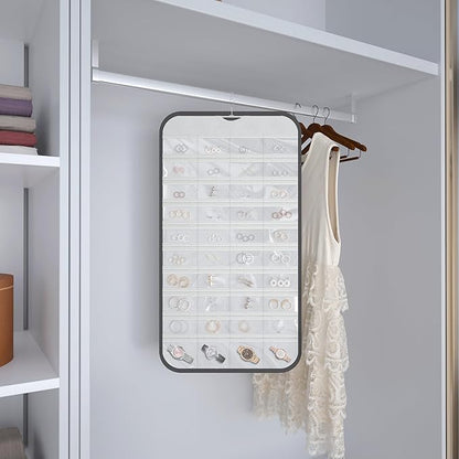 Hanging Jewelry Organizer Storage, 40 Pockets 36 Hooks Necklace Earring Bracelet Ring Organizer, Double - Sided Design, Black and White
