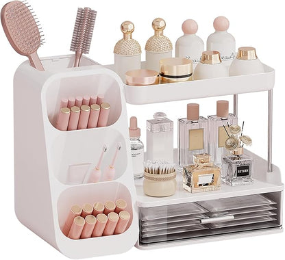 Makeup Organizer for Vanity with Brush Holder, 2 Tiers Countertop Skincare, Cologne Organizer and Perfume Stand for Bathroom Vanity, Large Capacity Makeup Storage, White