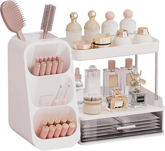 Makeup Organizer for Vanity with Brush Holder, 2 Tiers Countertop Skincare, Cologne Organizer and Perfume Stand for Bathroom Vanity, Large Capacity Makeup Storage, White