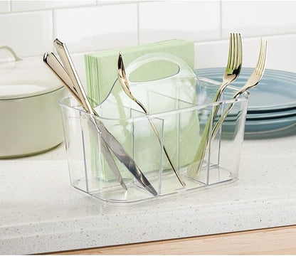 mDesign Plastic Cutlery Storage Organizer Caddy Bin Tote with Handle - Kitchen Cabinet Divided Pantry Basket for Forks, Knives, Spoons, Napkins, Indoor/Outdoor Use, Lumiere Collection, Clear | Caddy Bin
