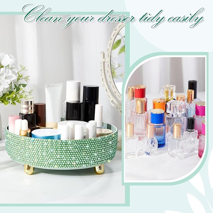 Honeydak Green Bling Perfume Makeup Organizer Bling Mother's Day Nurses Day Gifts for Women Bathroom Organizers and Storage 360 Rotating Makeup Organizer for Countertop(Resin Stone)