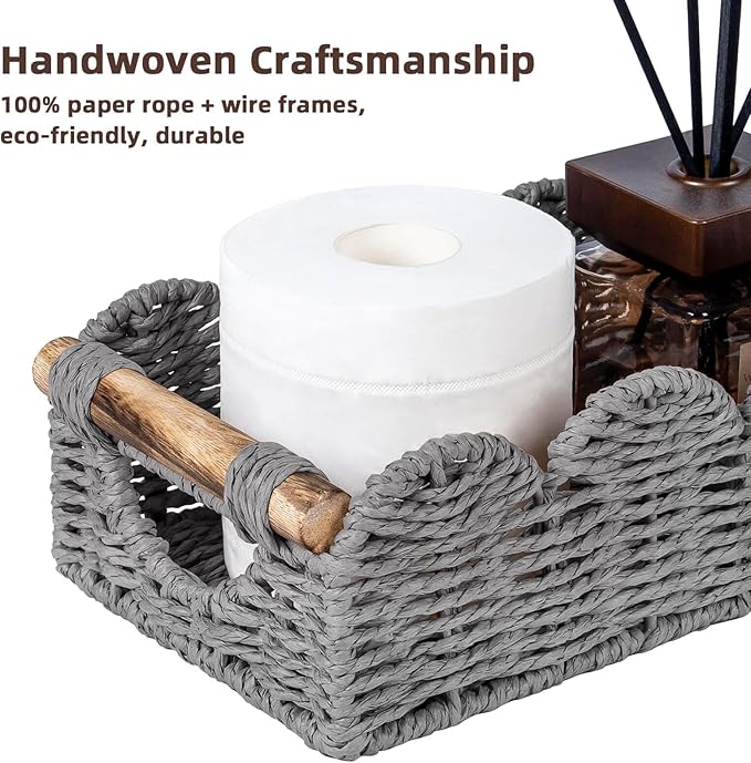 CubesLand Bathroom Basket Organizer w/Cut Out Handle, Back of Toilet Paper Storage Baskets Tray for Bathroom Countertop Decorative, Scalloped Wicker Basket Also for Home Decor, Living Room, Grey