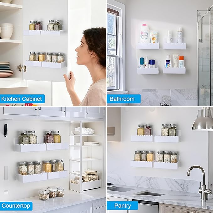 12 inch Spice Rack Wall Mounted,4 Pack Spice Organizer Shelf for Stove Cabinet Pantry Door, Adhesive or Screw Hanging Wall Spice Shelf Storage Holder in Kitchen and RV - White Color