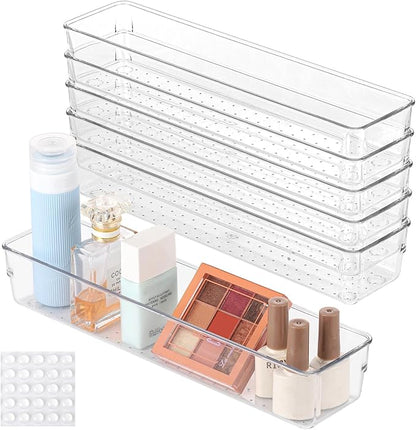 6 Pcs Large Clear Plastic Drawer Organizers Tray 12"x3" Storage Bins with 25 Pcs Non-Slip Pads for Makeup, Jewelries, Kitchen Utensils, Bathroom and Office