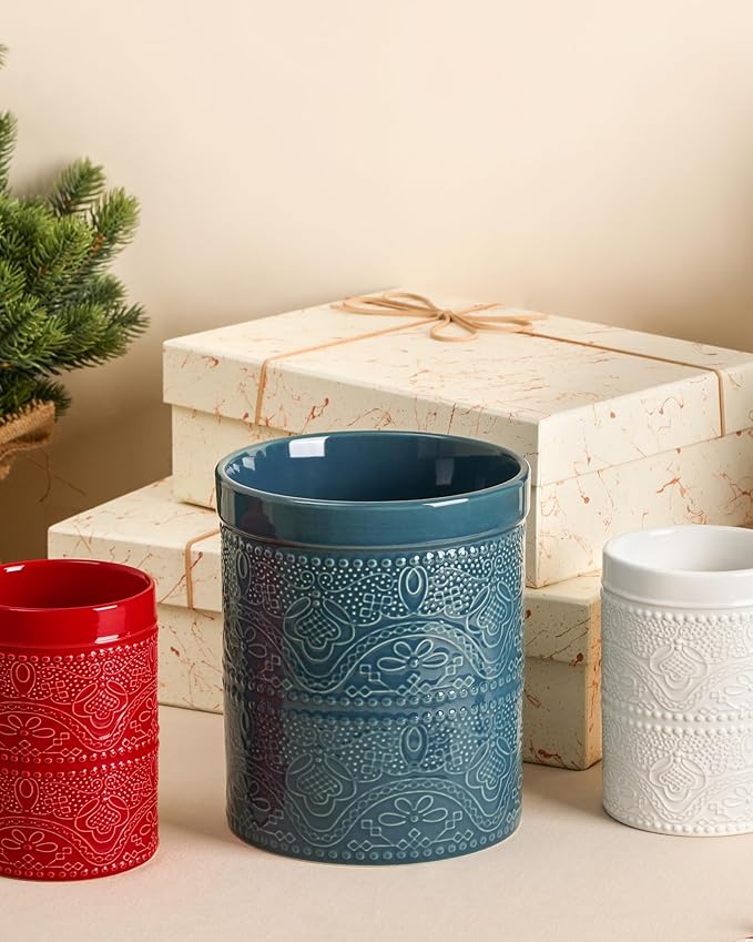 FUN ELEMENTS Kitchen Utensil Holder, 7.2+5.5" Super Large Utensil Crock Heavy and Stable Lace Emboss Ceramic Utensil Holder for Kitchen Counter(2Pcs Grayish Blue)