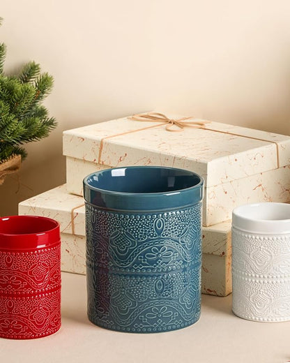 FUN ELEMENTS Kitchen Utensil Holder, 7.2+5.5" Super Large Utensil Crock Heavy and Stable Lace Emboss Ceramic Utensil Holder for Kitchen Counter(2Pcs Grayish Blue)