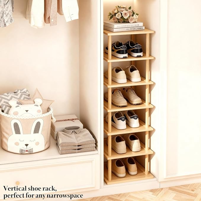 Aniston 7 Tier Bamboo Shoe Rack, Free Standing Slim Narrow Shoe Storage, Vertical Tall Shoe Shelf Organiser for Garage, Closet, Doorway, Corner, Living Room Small Spaces (7 Tier)