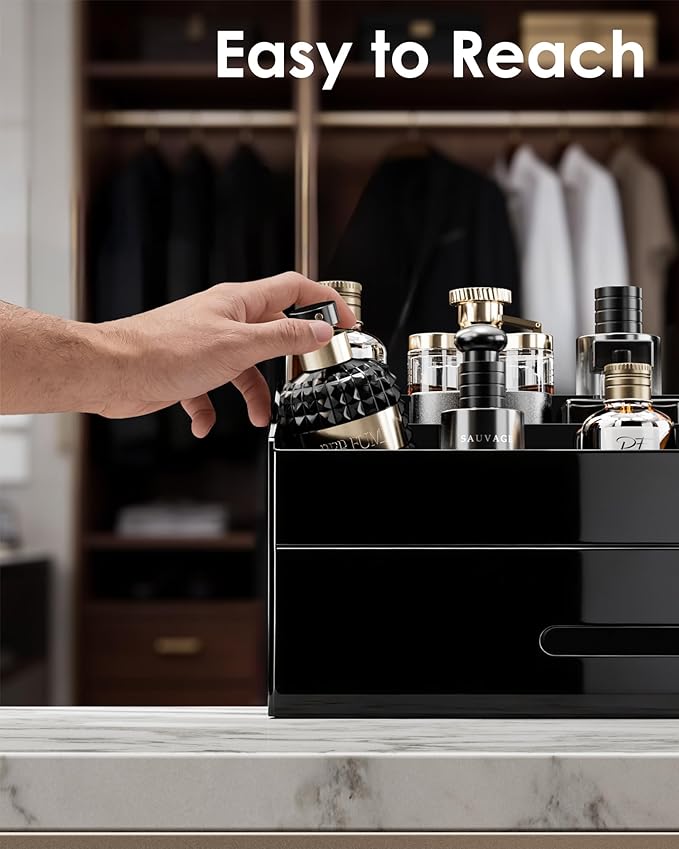 ProCase Cologne Organizer with Drawer, Acrylic Perfume Holder & Bathroom Countertop Organizer for Men & Women, Dresser Vanity Storage for Cologne, Perfume and Skincare -1 Layer, Cup