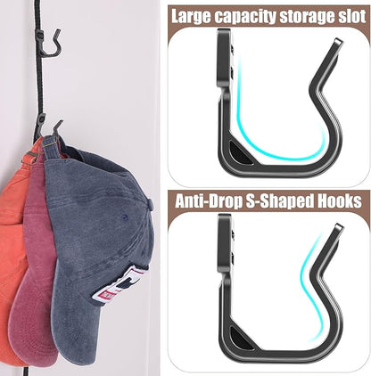 Over The Door Baseball Cap and Bag Organizer – Anti-Drop S Hooks, Heavy Duty Storage for Backpacks, Hats & Accessories, Adjustable 2×7 ft Straps (Holds 12–36 Caps)