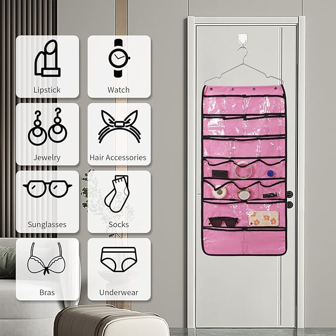 Closet Hanging Organizer, Dual Sided Hanging Wardrobe Storage Bags, 42 Clear Pockets Storage Hanger for Jewelry Socks Underwear (Pink)