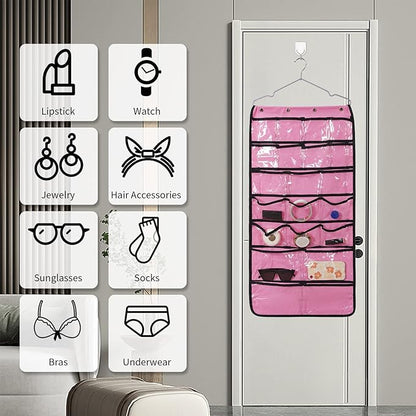 Closet Hanging Organizer, Dual Sided Hanging Wardrobe Storage Bags, 42 Clear Pockets Storage Hanger for Jewelry Socks Underwear (Pink)