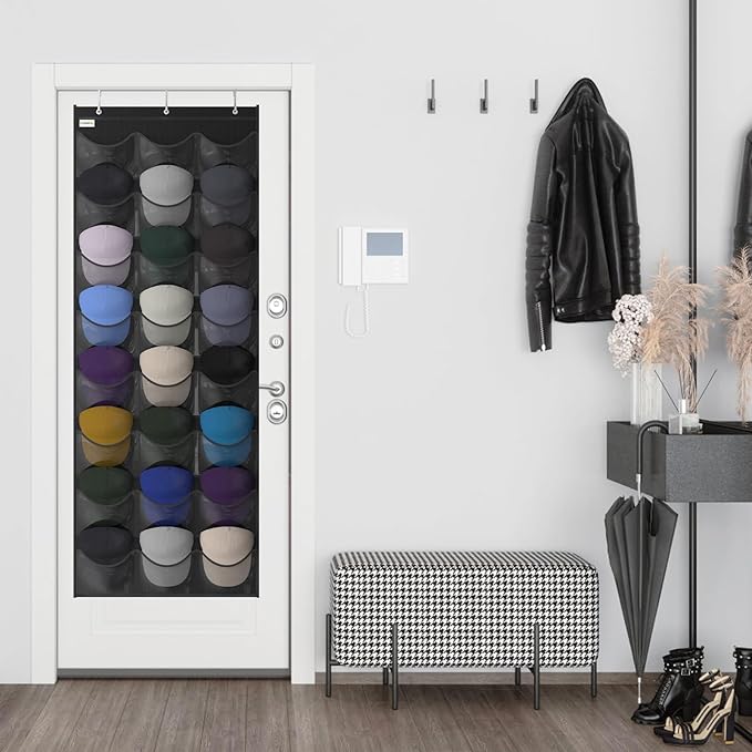 Baseball Hat Rack, 24 Pocket Over-The-Door Hat Organizer with Clear Deep Pockets to Display Baseball Caps Collection, Complete with 3 Over Door Hooks (Black, 24 Pockets)