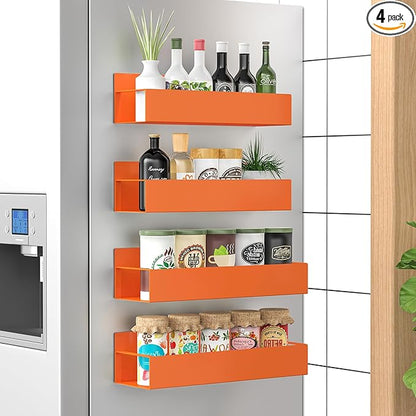 HuggieGems 4 Pack Magnetic Spice Storage Rack Organizer for Refrigerator and Oven, Orange Fridge Organizers and Storage