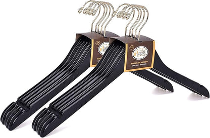Quality Black Semi Curved Wooden Suit Hangers, 10-Pack Smooth Finish Solid Wood Coat Hanger with Swivel Hook, Jacket, Pant, Dress Clothes Hangers (Black - Gold Hook, 10)