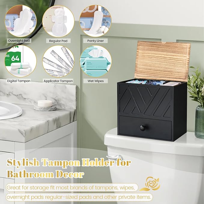 Tampon Holder for Bathroom Decor, Feminine Product Organizer with Lid and Drawer, Shark Week Tampon Storage, Wood Pad and Tampons Organizer for Toilet Storage, Bathroom Accessories Box for Girl Stuff