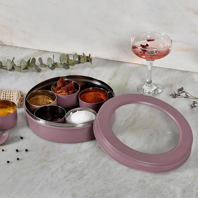 Elan 7 Compartment Multipurpose Air-Tight Stainless Steel See-Through Round Colorful Spice Box/Popula Dabba with Lid and Spoon | Mauve, (1500 ml)