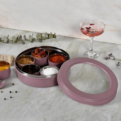 Elan 7 Compartment Multipurpose Air-Tight Stainless Steel See-Through Round Colorful Spice Box/Popula Dabba with Lid and Spoon | Mauve, (1500 ml)