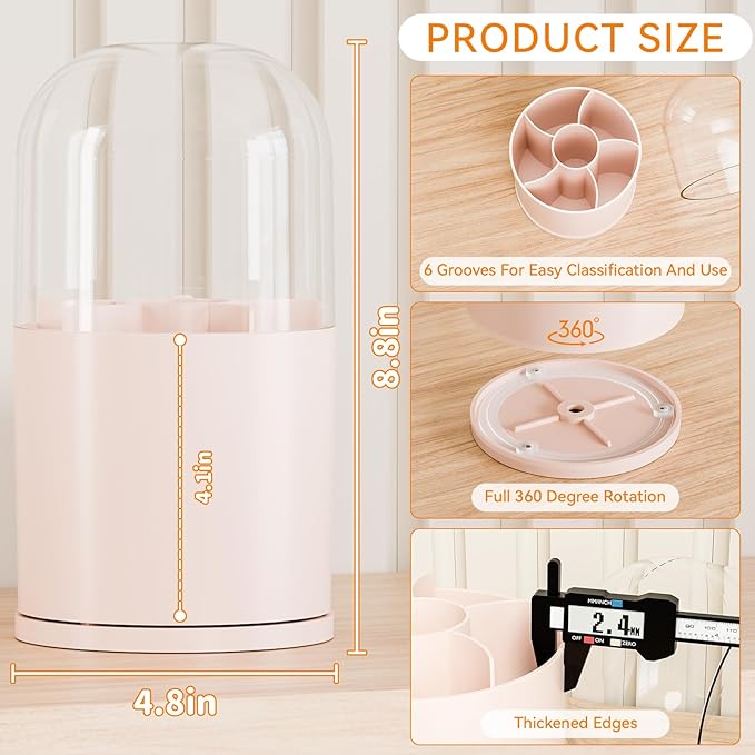 Yieach Rotating Acrylic Makeup Brush Holder with Lid for Vanity,Bathroom,Countertop,Covered Makeup Brushes Organizer,Round Spinning Cosmetic Brushes Holder and Make up Brush Storage with Cover,Pink