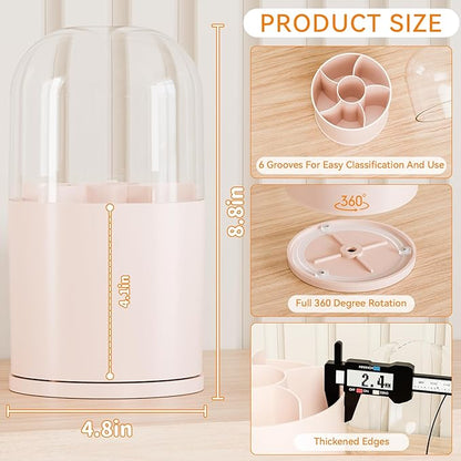 Yieach Rotating Acrylic Makeup Brush Holder with Lid for Vanity,Bathroom,Countertop,Covered Makeup Brushes Organizer,Round Spinning Cosmetic Brushes Holder and Make up Brush Storage with Cover,Pink