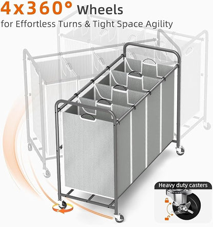 ROMOON Laundry Hamper Sorter Cart: 4-Section Organizer with Heavy-Duty Lockable Wheels and Removable Bags | 180L Rolling Laundry Basket for Dirty Clothes in Laundry Room or Small Spaces (Gray)