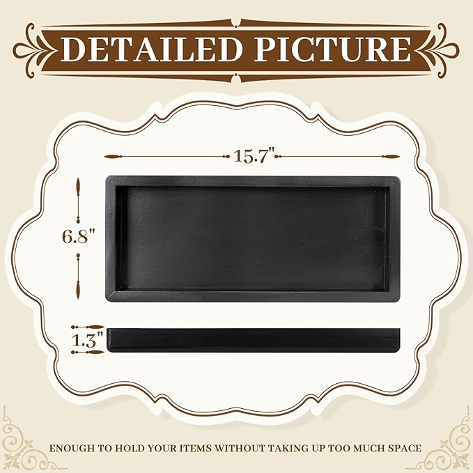 MAONAME Black Bathroom Vanity Tray, Rustic Long Narrow Tray, Rectangle Farmhouse Wood Trays, Countertop Organizer Trays for Candle, Perfume, 15.7" L x 6.8" W