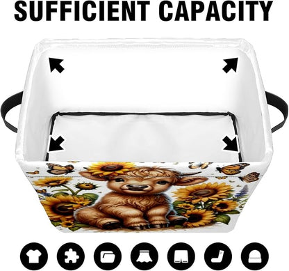 Highland Cow Sunflower Butterfly Storage Basket Large Foldable Storage Bin Cube Collapsible Organizer for Pantry Bedroom Decor