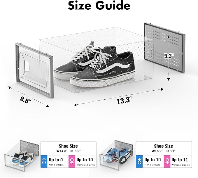 Foluck Shoe Storage Box, 15 Pack Clear Plastic Stackable Shoe Organizer for Closet, Interlocking Design Shoe Container Bins for Sneakers, Foldable Shoe Rack with Lids, Gray