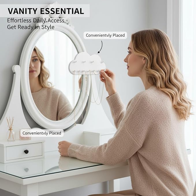 6 Pcs White Cloud Wall Jewelry Organizer, Jewelry Holder Wall for Necklaces & Earrings (5.71 × 2.95 in)