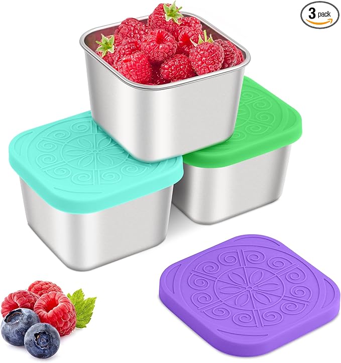 Qukaka Stainless Steel Snack Containers for Kids,7.2oz Easy Open Leak Proof Reusable Snack Box Container with Lids,Small Lunch Containers for Meal Prep,School,Picnic and Travel-3Pack