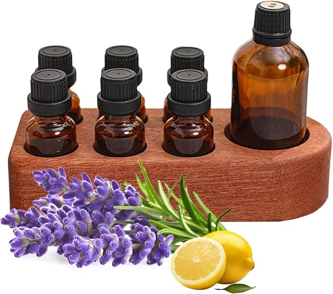 Wooden Essential Oil Holder with 7 Holes (4cmx6 & 6cmx1), Retro Desktop Display Rack for Bathroom Vanity Desk Organizer