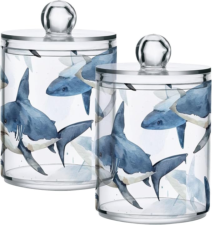 Fierce Sharks 4 Pack Plastic Storage Jar with Lid, Cotton Swabs Cans, Bathroom Canisters for Organizing Cotton Balls, Floss