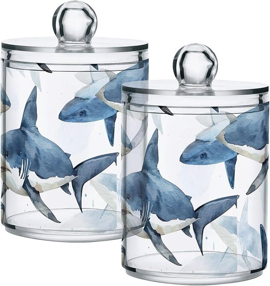 Fierce Sharks 4 Pack Plastic Storage Jar with Lid, Cotton Swabs Cans, Bathroom Canisters for Organizing Cotton Balls, Floss