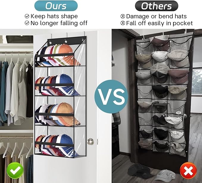 AOODA Clear Over the Door Hat Racks for Baseball Caps, Hold 48 Caps Hat Storage Organizer for Closet Wall, Deep Pockets Hanging Snapback Holder Shelves with 3 Hooks, Black
