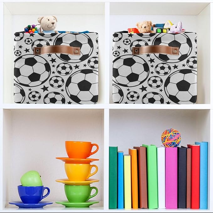 Soccer Ball Football Large Storage Basket Cube Storage Bin Canvas Fabric Organizer Handles Collapsible Decorative for Clothes Toys Bedroom