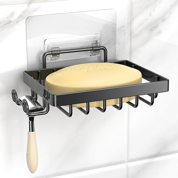 Moforoco Black Soap Dish, Soap Bar Holder for Shower, No Drilling Bathroom Accessories, Wall Mounted Soap Holder with Hooks, Shower Rack Tray Bar for Suitable for Bathroom, Kitchen Sink