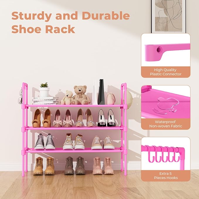 LANTEFUL 3 Tier Shoe Rack for Closet, Shoe Organizer with 5 Hooks, Long Shoe Shelf Storage for Shoe and Boot Stackable Free Standing Shoe Rack for Entryway, Garage, Small Spaces, Dorm, Pink