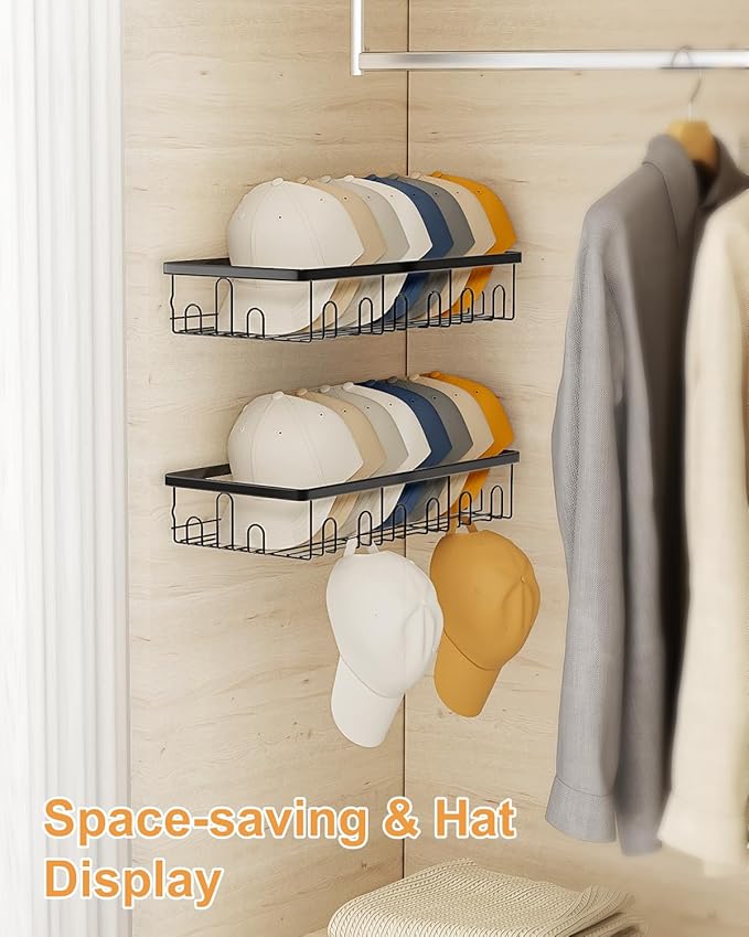 Hat Rack for Wall, 2 Pack Large Hat Organizer with More Hooks, Holds 56 Caps, Metal Wall Mounted Hat Holder for Baseball Caps, Closet Bedroom Kitchen Bathroom, Black